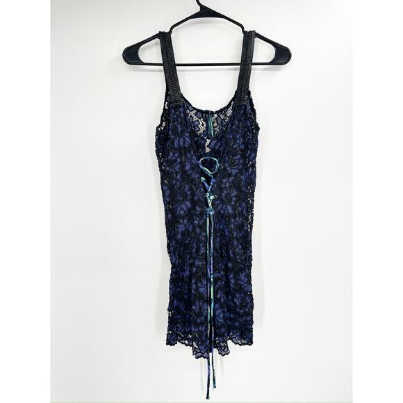 Maaji Blue Sheer Lace Button Front Lace Up Corset Back Swim Coverup Romper Sz M - Picture 5 of 9